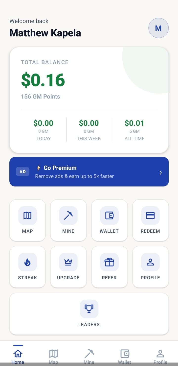 GeoMine app home screen showing total balance and GM Points earned
