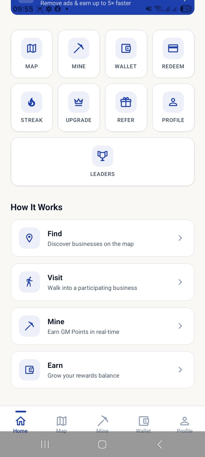 GeoMine app screen showing the How It Works steps: Find, Visit, Mine, Earn