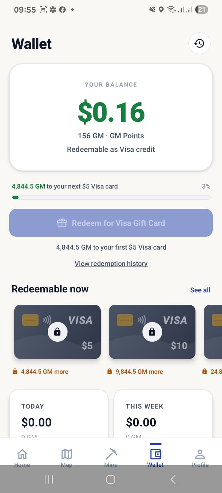 GeoMine wallet screen showing a balance redeemable for $5 and $10 Visa gift cards